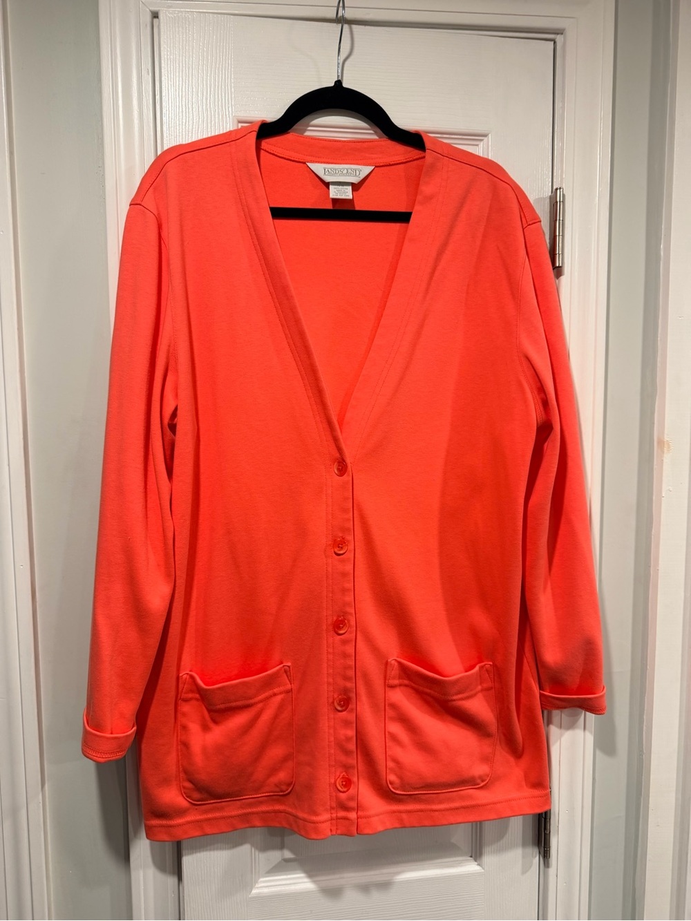 Lands End Size 14-16 Coral 100% Cotton Button Front Cardigan Sweatshirt Pockets